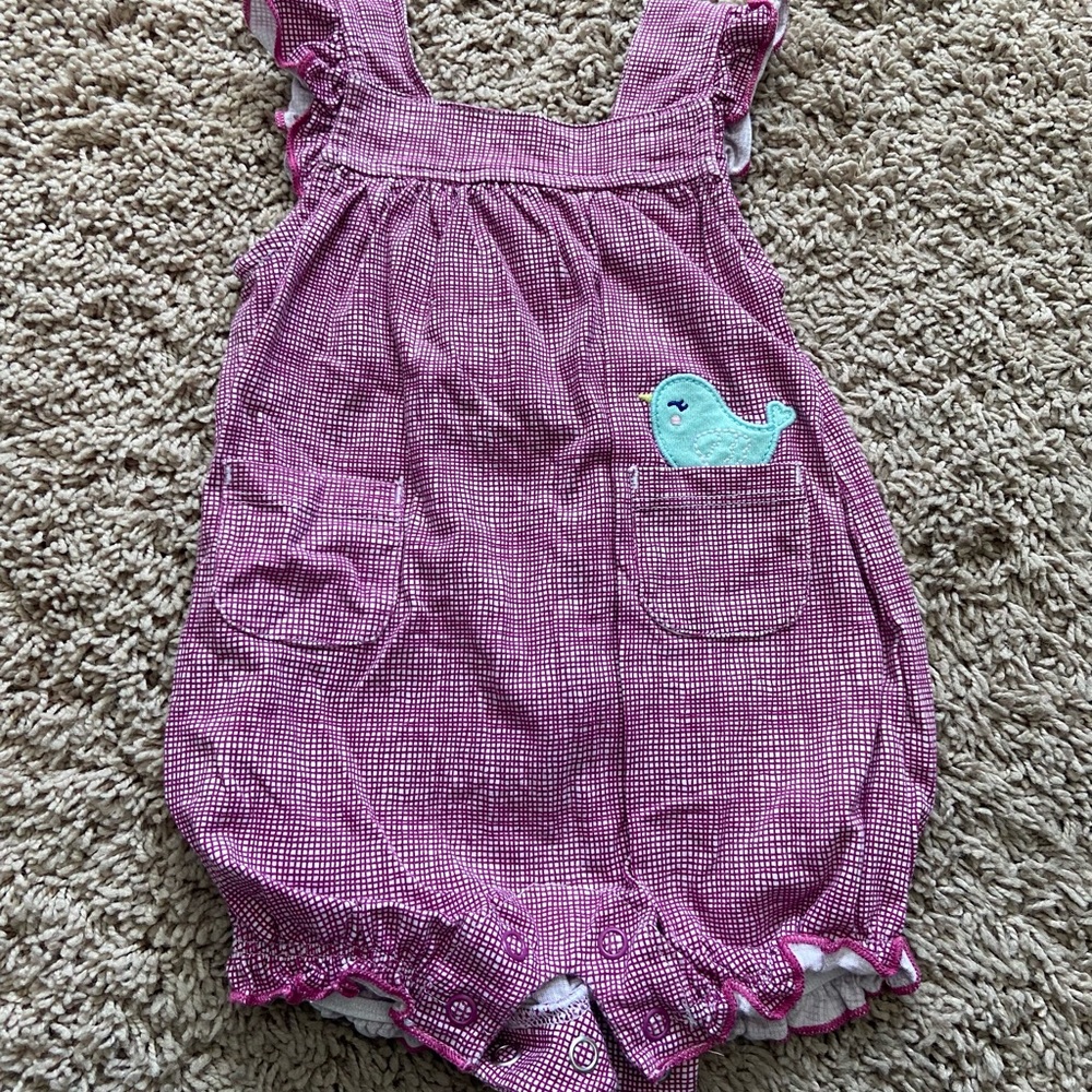 Just One You by Carter’s Purple & White Romper with Front Pockets and Blue Bird